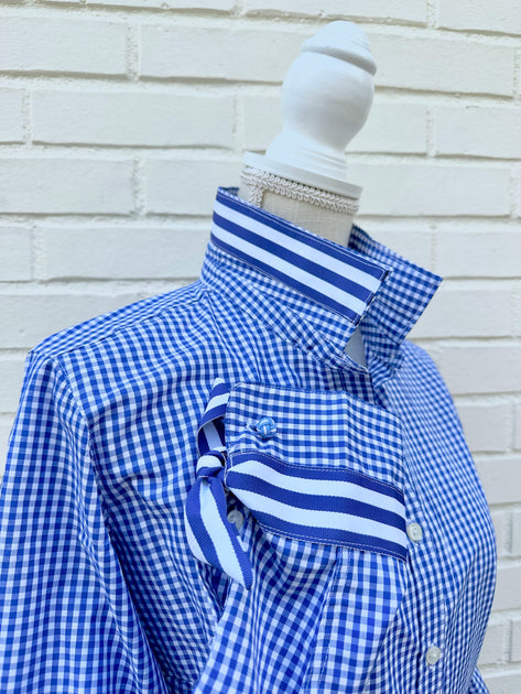 Audrey Navy Gingham Ribbon French Cuff Shirt (RFC14) Xs (0-2)