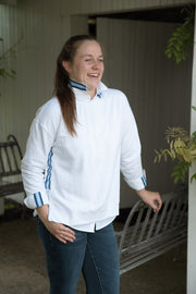 Danny Crew Neck Sweatshirt - White w Navy & Lt. Blue Stripe Ribbon (Danny04)