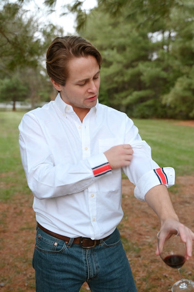 Ben Oxford Cloth Shirt - White w Navy & Red Stripe Ribbon (Ben03)