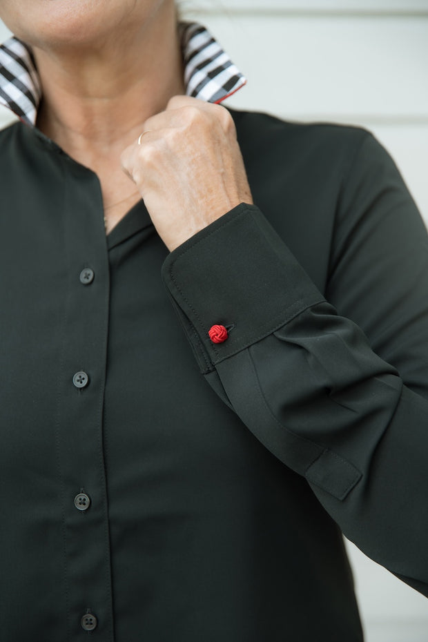 Alison Satin Shirt - Black w Black Check and Solid Red Silk Collar (SLK01)