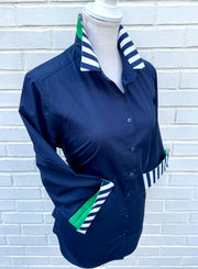 Elizabeth 3/4 Sleeve  - Navy w Navy Stripe and Green Bees (3423)