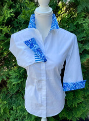 Elizabeth 3/4 Sleeve - White w Blue Paisley & Blue Stripe (3424)