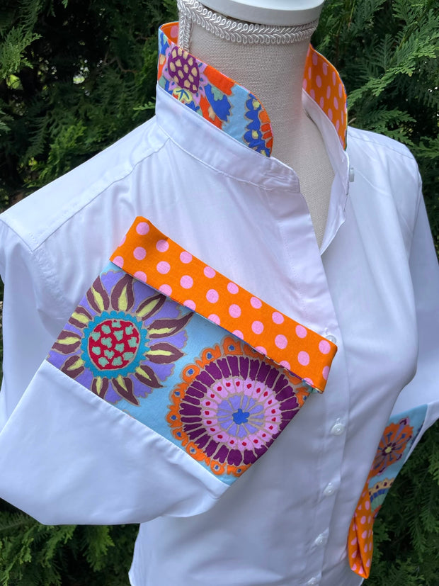 Beth Bell Sleeve - White w/Mod Flowers & Orange Dot (LB47)