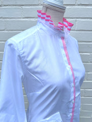 Kate Ruffled Ribbon Collar - White w Pink & White Stripe Ribbon (KT05)