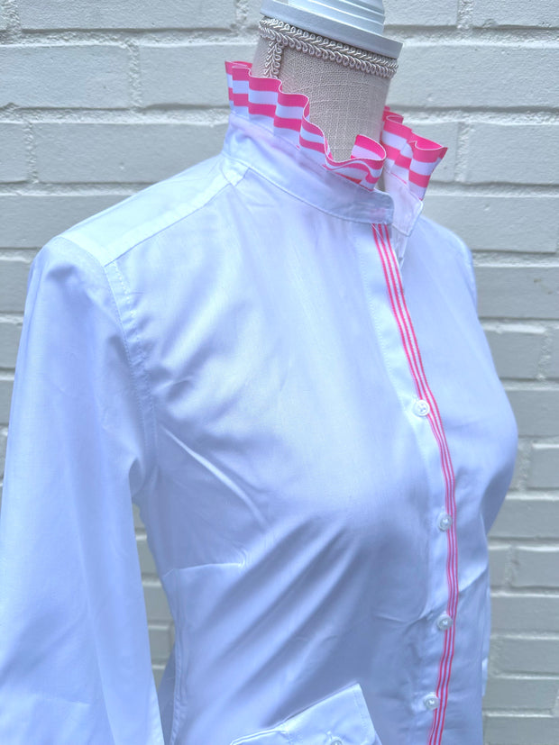 Kate Ruffled Ribbon Collar - White w Pink & White Stripe Ribbon (KT05)