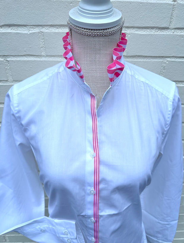 Kate Ruffled Ribbon Collar - White w Pink & White Stripe Ribbon (KT05)