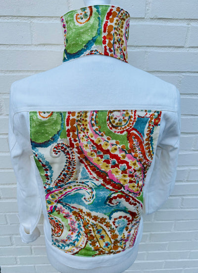 Dorothy White Denim Jacket w Green Paisley (DWJ17)