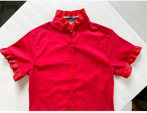 SALE - XS & M ONLY - Jane Red Short Sleeve Ruffle Shirt (J06) *FINAL SALE*