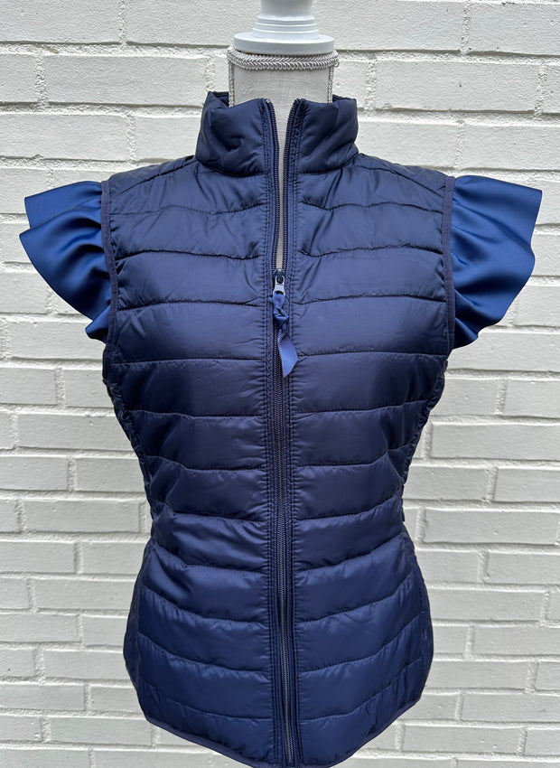 Maggie May Ruffled Shoulder Puffer Vest Navy W Navy PFR02 Navy L 12 14