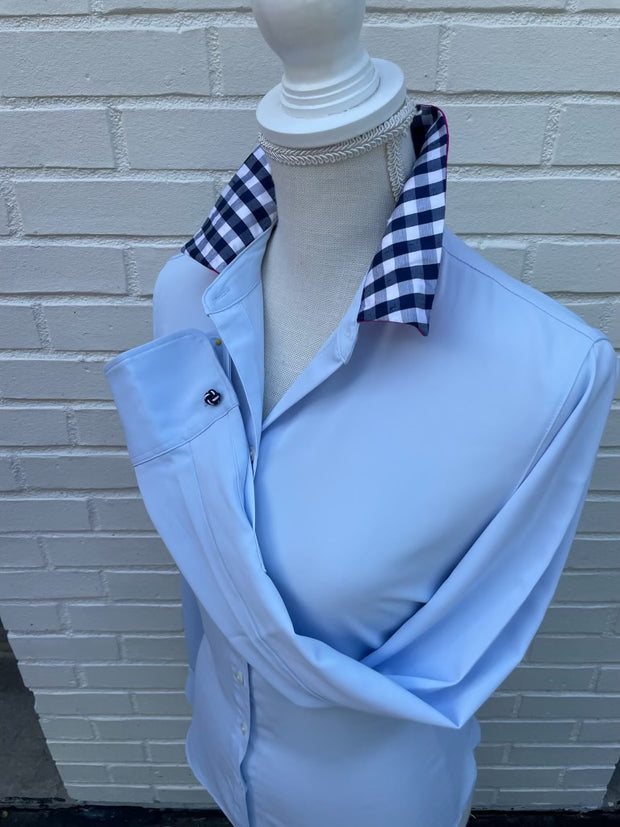 Alison Satin Shirt - Light Blue w Navy Check and Solid Pink Silk Collar (SLK02)