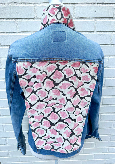 Stevie Denim Jacket - Denim w Pink & Taupe Velvet Animal Print (ST09)