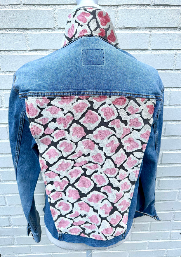 Stevie Denim Jacket - Denim w Pink & Taupe Velvet Animal Print (ST09)