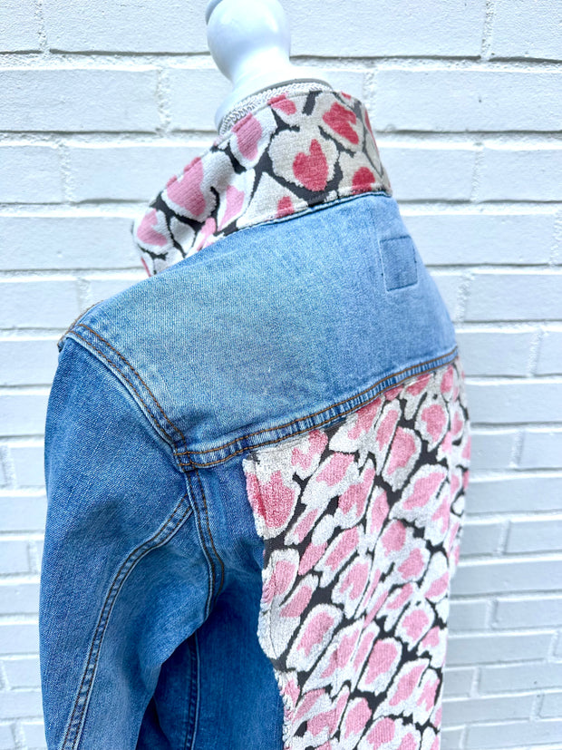 Stevie Denim Jacket - Denim w Pink & Taupe Velvet Animal Print (ST09)