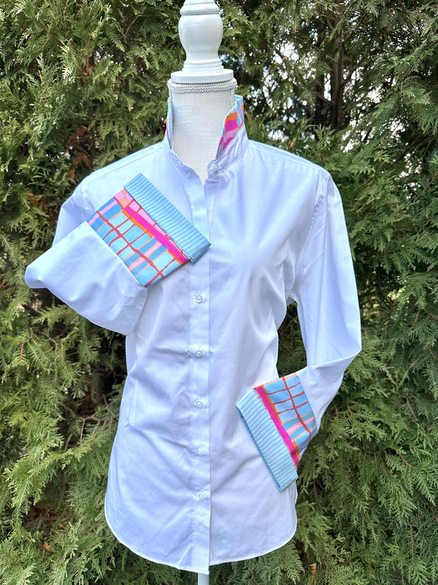 Beth Bell Sleeve - White w Pink, Orange & Blue Plaid & Blue Stripe (LB49)