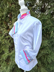 Beth Bell Sleeve - White w Pink, Orange & Blue Plaid & Blue Stripe (LB49)