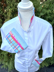 Beth Bell Sleeve - White w Pink, Orange & Blue Plaid & Blue Stripe (LB49)