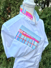 Beth Bell Sleeve - White w Pink, Orange & Blue Plaid & Blue Stripe (LB49)