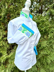 Beth Bell Sleeve - White w Green Floral & Blue Polka Dot (LB50)