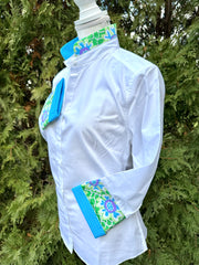 Beth Bell Sleeve - White w Green Floral & Blue Polka Dot (LB50)