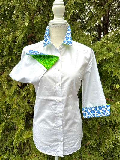 Elizabeth 3/4 Sleeve  - White w Blue Cheetah & Green Cheetah (3426)