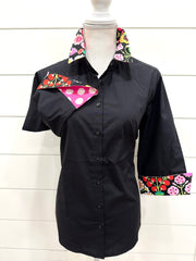 Elizabeth 3/4 Sleeve  - Black w Black Floral & Pink Polka Dots (3425)