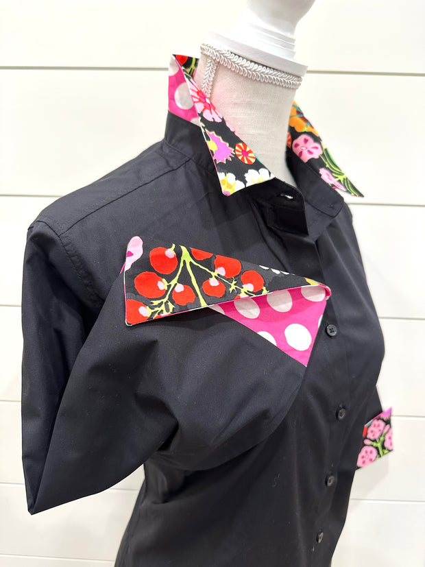 Elizabeth 3/4 Sleeve  - Black w Black Floral & Pink Polka Dots (3425)