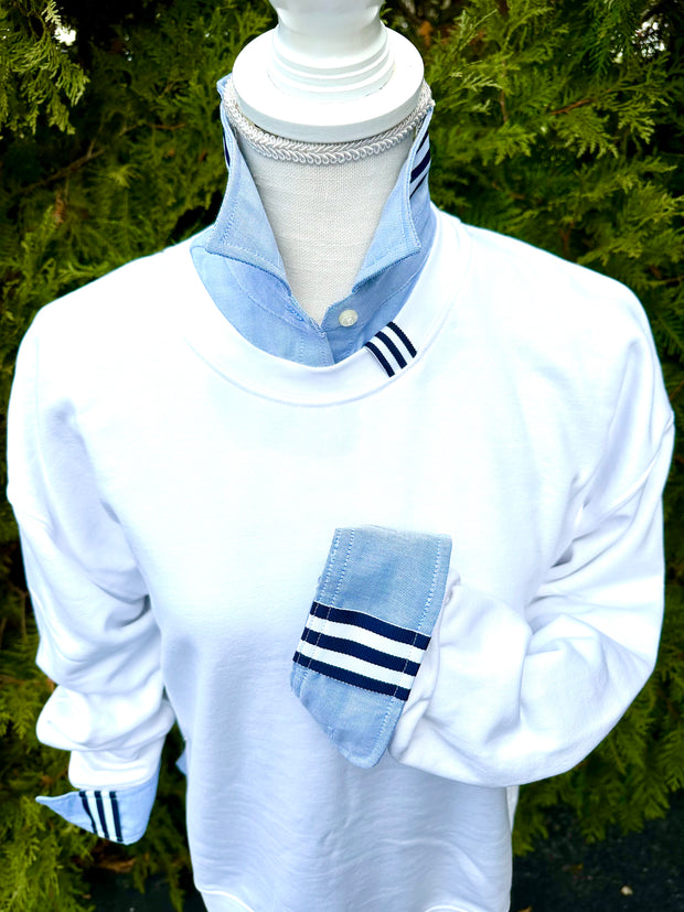 Danny Crew Neck Sweatshirt - White w Navy & White Stripe Ribbon (Danny09)