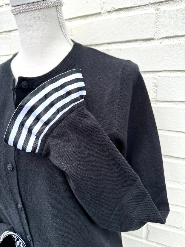 Patty Cardigan - Black w Black & White Stripe Ribbon (Patty01)