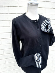 Patty Cardigan - Black w Black & White Stripe Ribbon (Patty01)