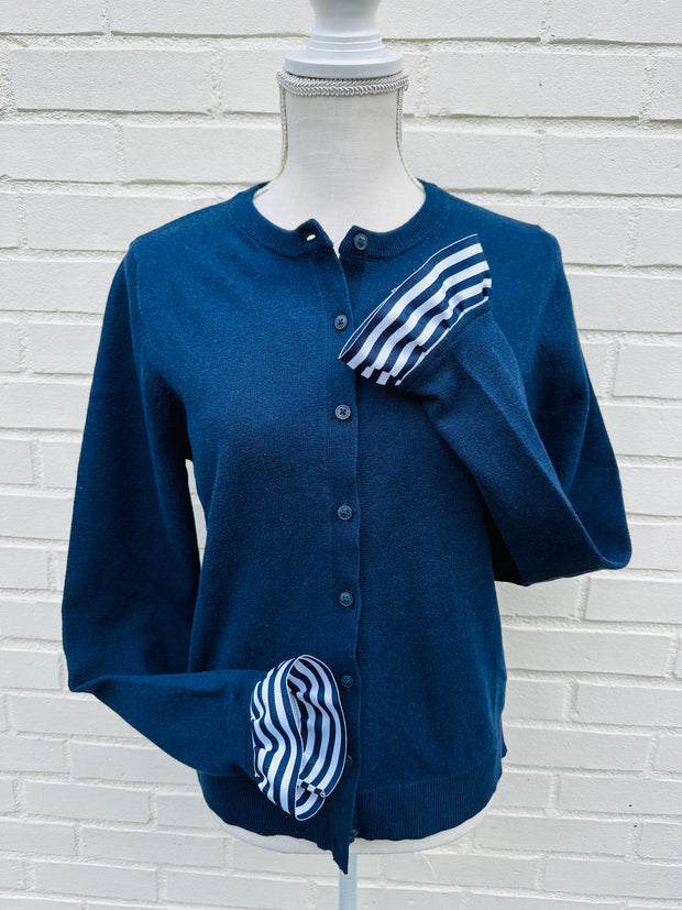 Patty Cardigan - Navy w Navy & White Stripe Ribbon (Patty02)