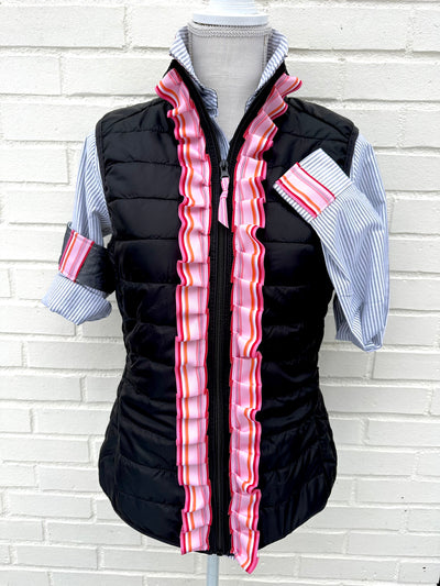 Maggie May Ruffled Ribbon Puffer Vest Black w Blk Pnk & Org Stripe Ribbon (PF50)