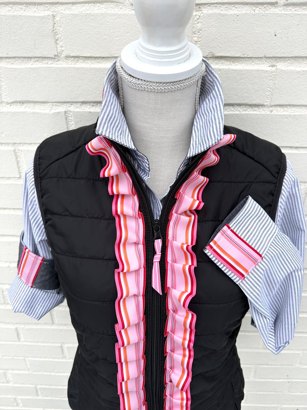 Maggie May Ruffled Ribbon Puffer Vest Black w Blk Pnk & Org Stripe Ribbon (PF50)