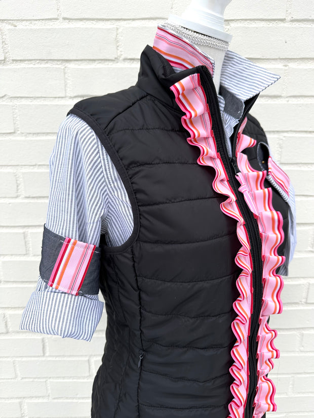 Maggie May Ruffled Ribbon Puffer Vest Black w Blk Pnk & Org Stripe Ribbon (PF50)