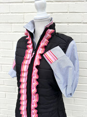 Maggie May Ruffled Ribbon Puffer Vest Black w Blk Pnk & Org Stripe Ribbon (PF50)