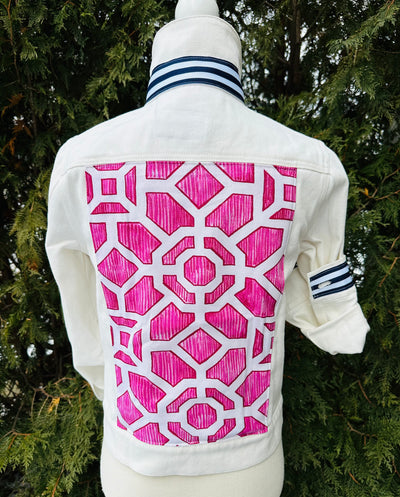 Dorothy White Denim Jacket w Pink Trellis (DWJ19)