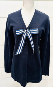 Eileen Cardigan - Navy w Navy & White Stripe Ribbon (Eileen02)