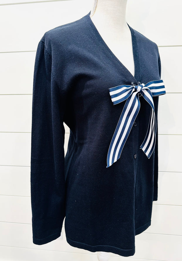 Eileen Cardigan - Navy w Navy & White Stripe Ribbon (Eileen02)