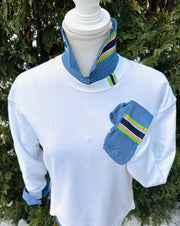 Danny Crew Neck Sweatshirt - White w Navy, Pink & Green Stripe Ribbon (Danny07)