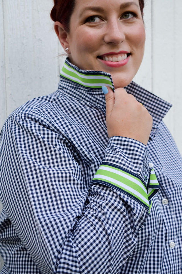 SALE - 2XL ONLY - Audrey Navy Gingham Ribbon French Cuff Shirt  (RFC13) *FINAL SALE*