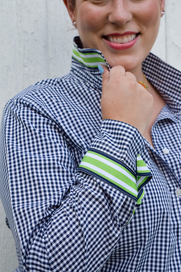 SALE - 2XL ONLY - Audrey Navy Gingham Ribbon French Cuff Shirt  (RFC13) *FINAL SALE*