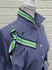 SALE - 2XL ONLY - Audrey Navy Gingham Ribbon French Cuff Shirt  (RFC13) *FINAL SALE*