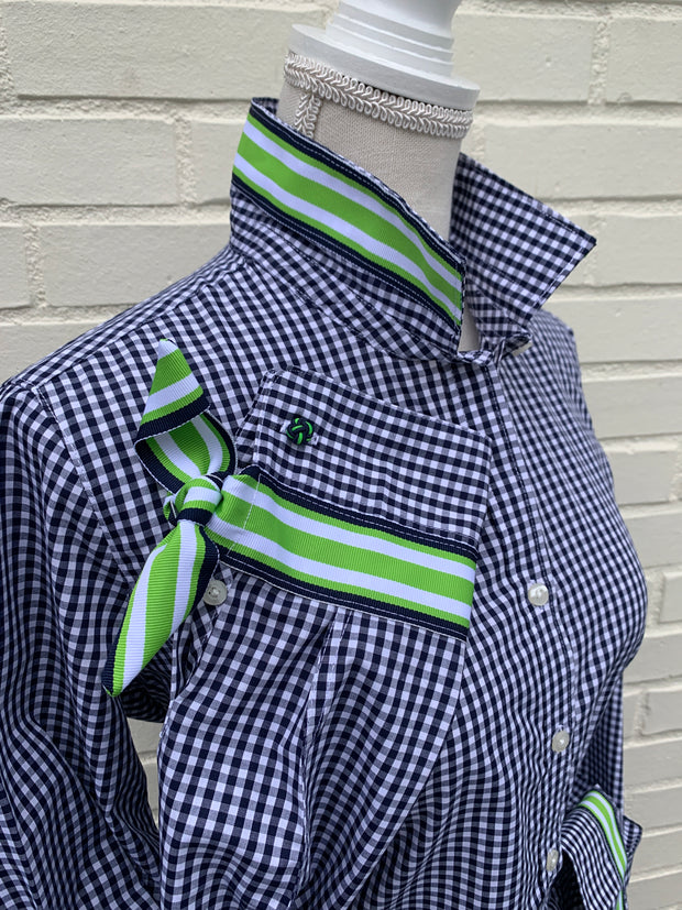 SALE - 2XL ONLY - Audrey Navy Gingham Ribbon French Cuff Shirt  (RFC13) *FINAL SALE*