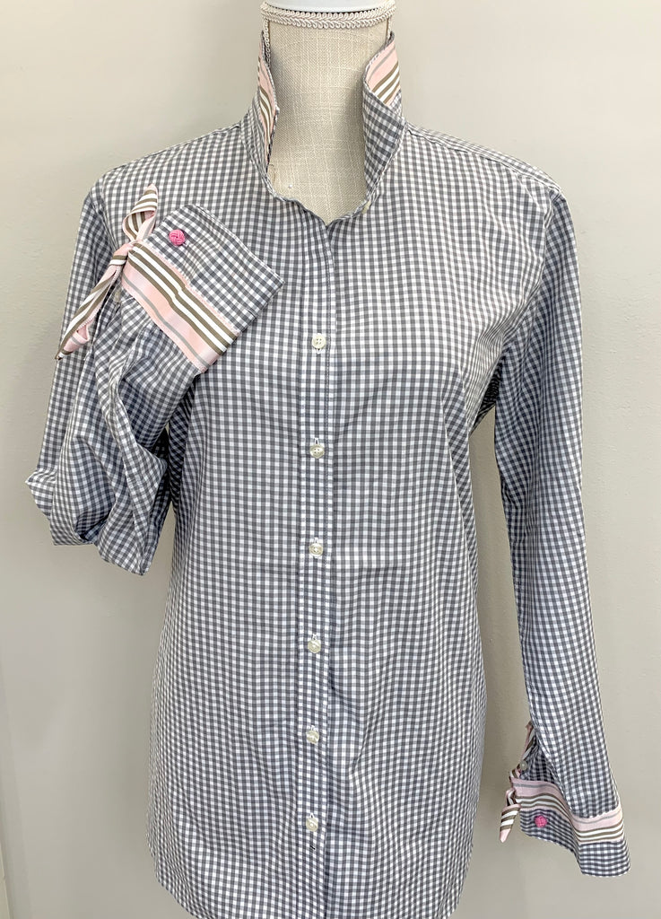 Audrey Navy Gingham Ribbon French Cuff Shirt (RFC14) Xs (0-2)